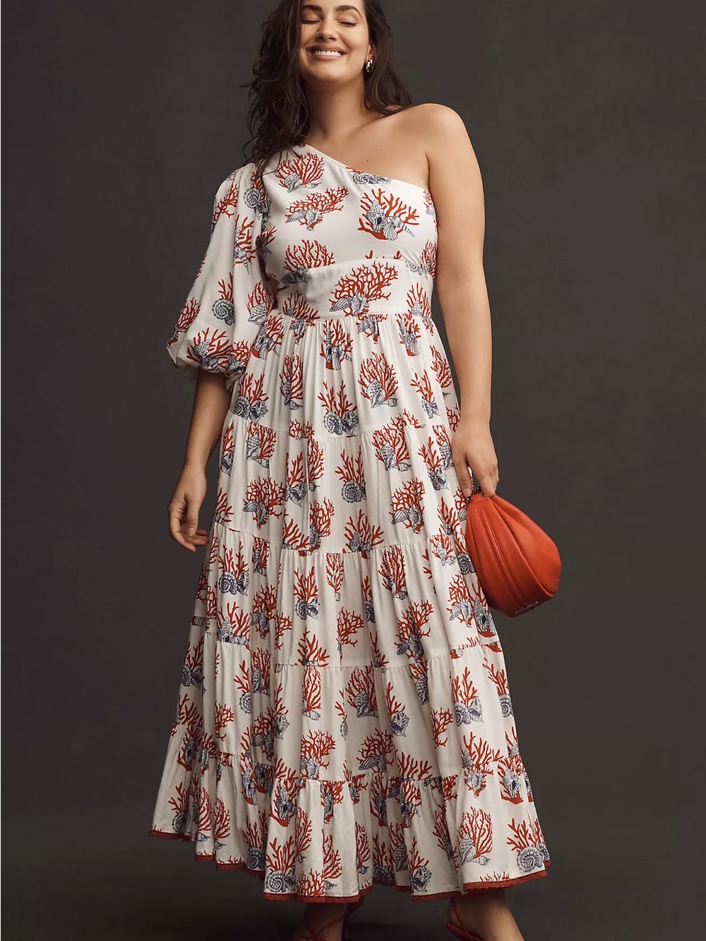 Anthropologie One-Shoulder Coral Print Maxi Dress - White & Coral